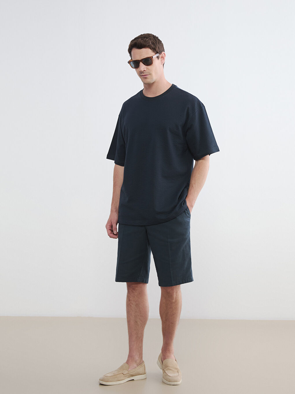 Lacivert Bisiklet Yaka Dokulu Erkek Tişört-1