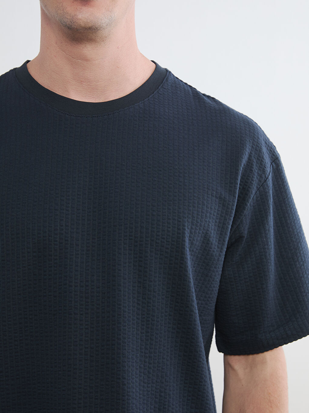 Lacivert Bisiklet Yaka Dokulu Erkek Tişört-2