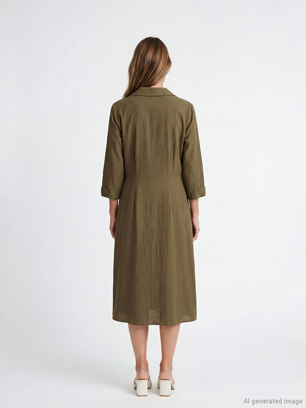 Yeşil Gömlek Yaka Dokulu Elbise-4