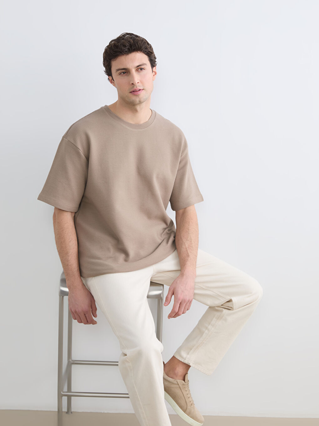 Kahverengi Bisiklet Yaka Çizgili Erkek Tişört