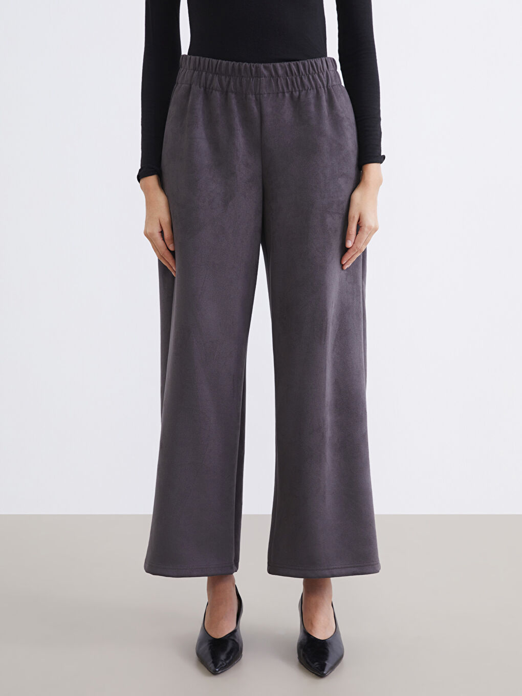 Antrasit Beli Lastikli Süet Görünümlü Kadın Pantolon-1