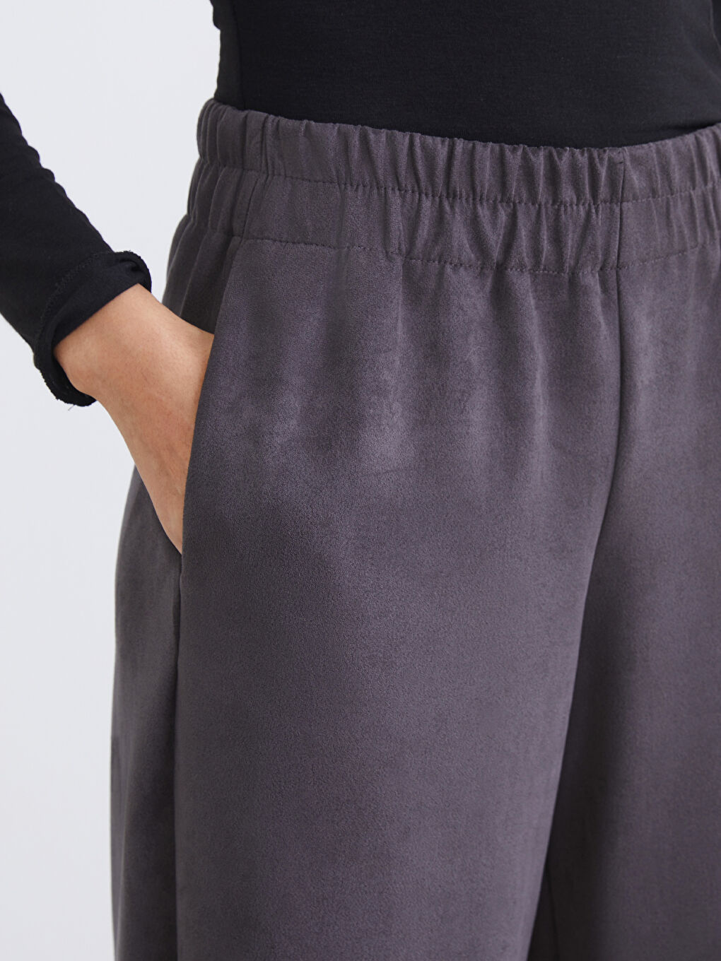 Antrasit Beli Lastikli Süet Görünümlü Kadın Pantolon-2