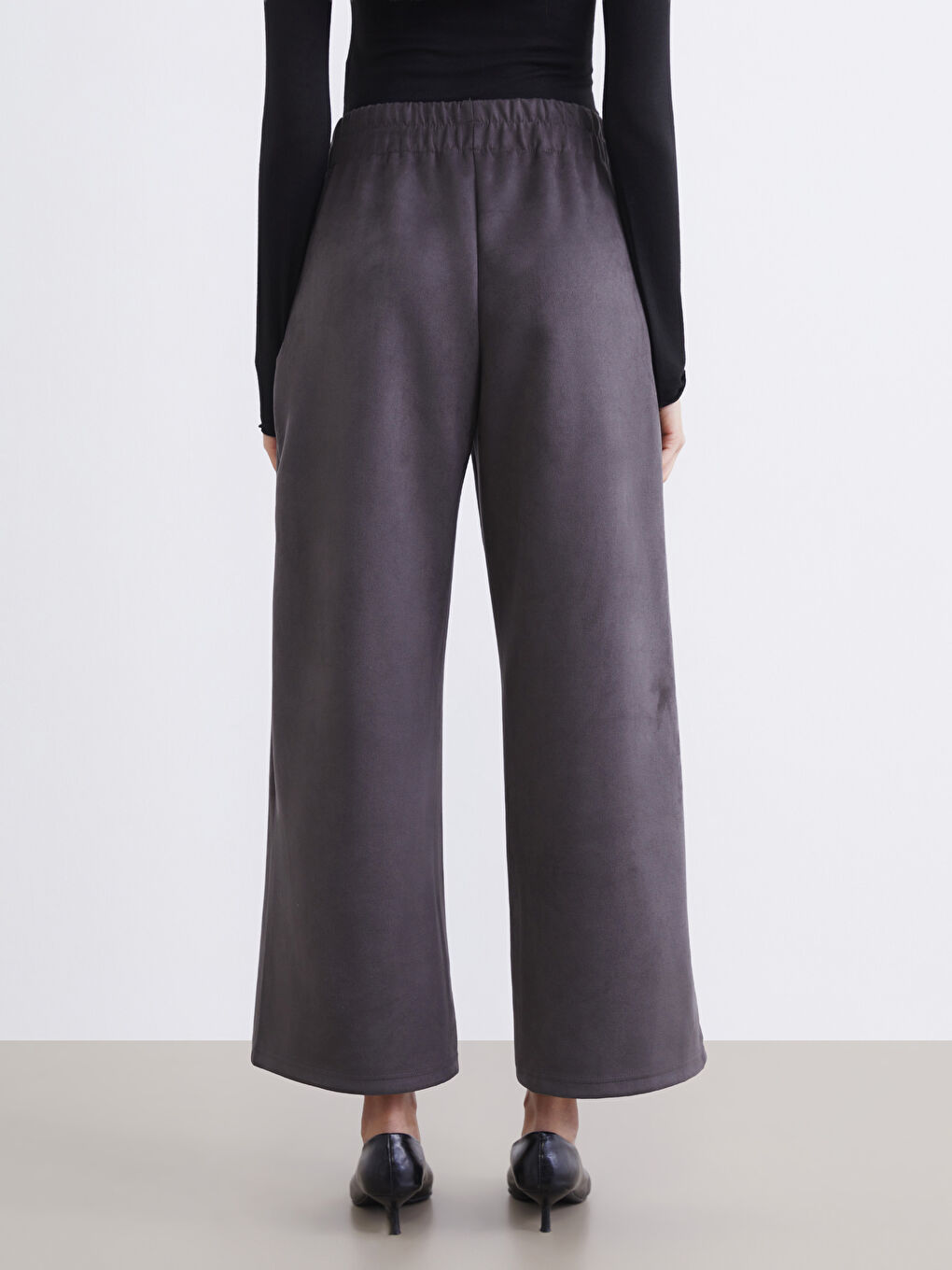 Antrasit Beli Lastikli Süet Görünümlü Kadın Pantolon-3