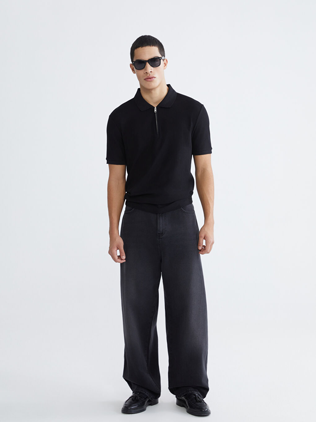Siyah Polo Yaka Penye Erkek Tişört-1