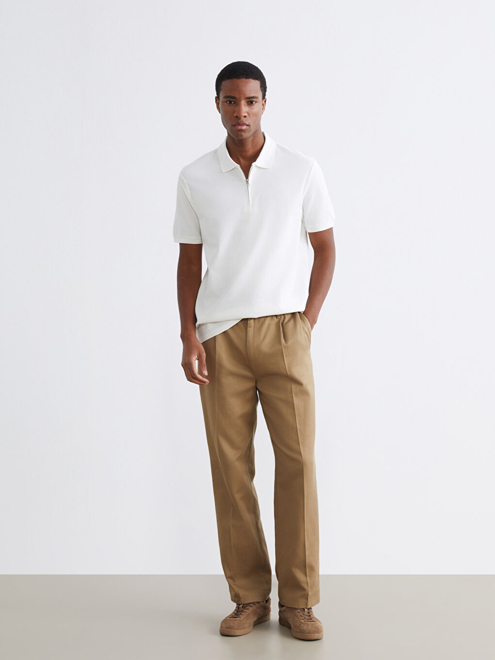 Ekru Polo Yaka Penye Erkek Tişört-1