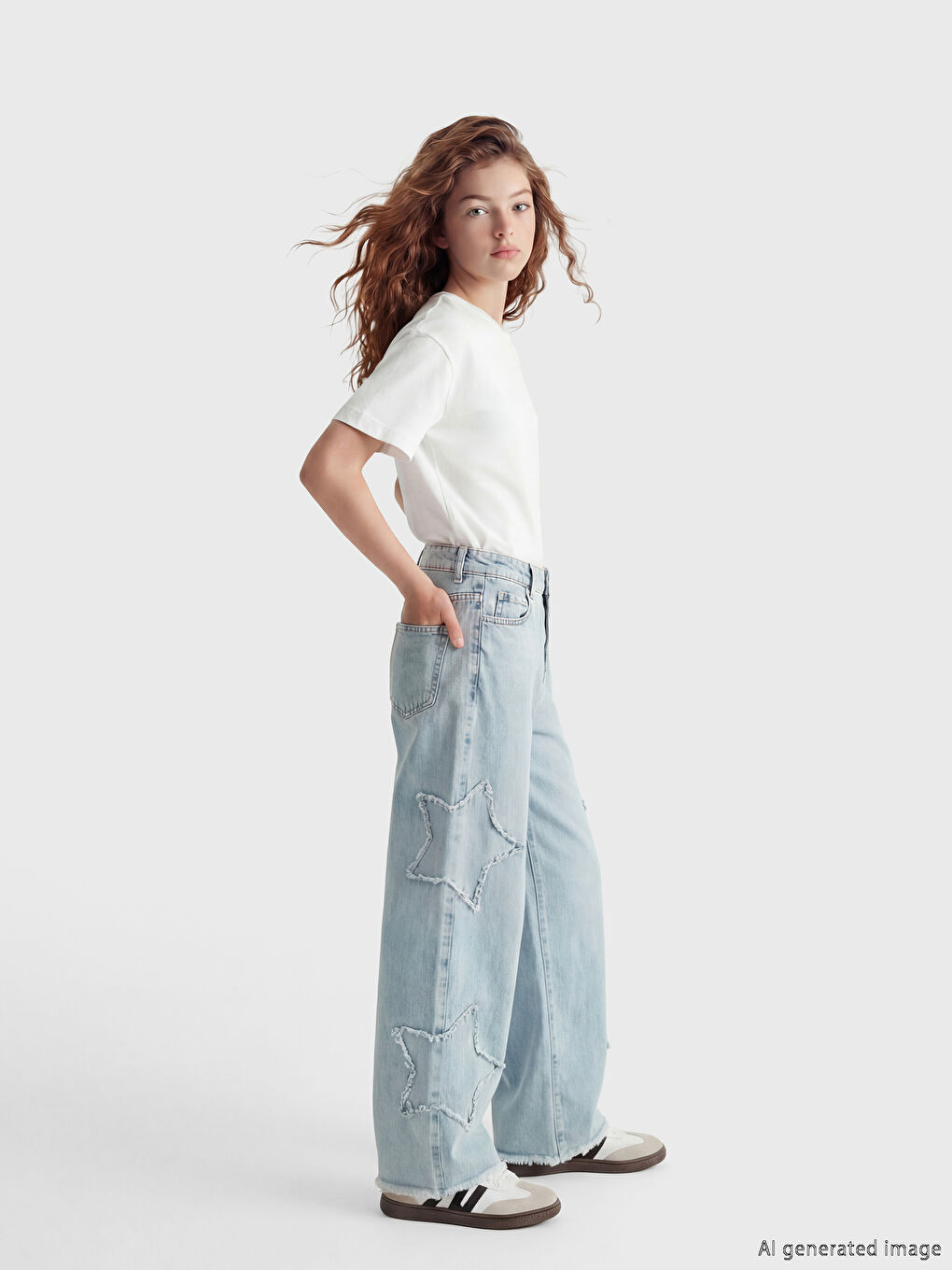 Mavi Wideleg Nakışlı Kız Çocuk Jean Pantolon