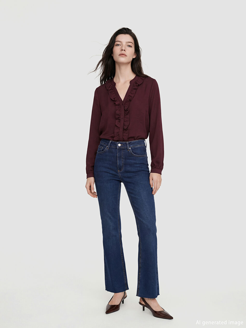 Mürdüm Kaçık Yaka Fırfırlı Bluz-1