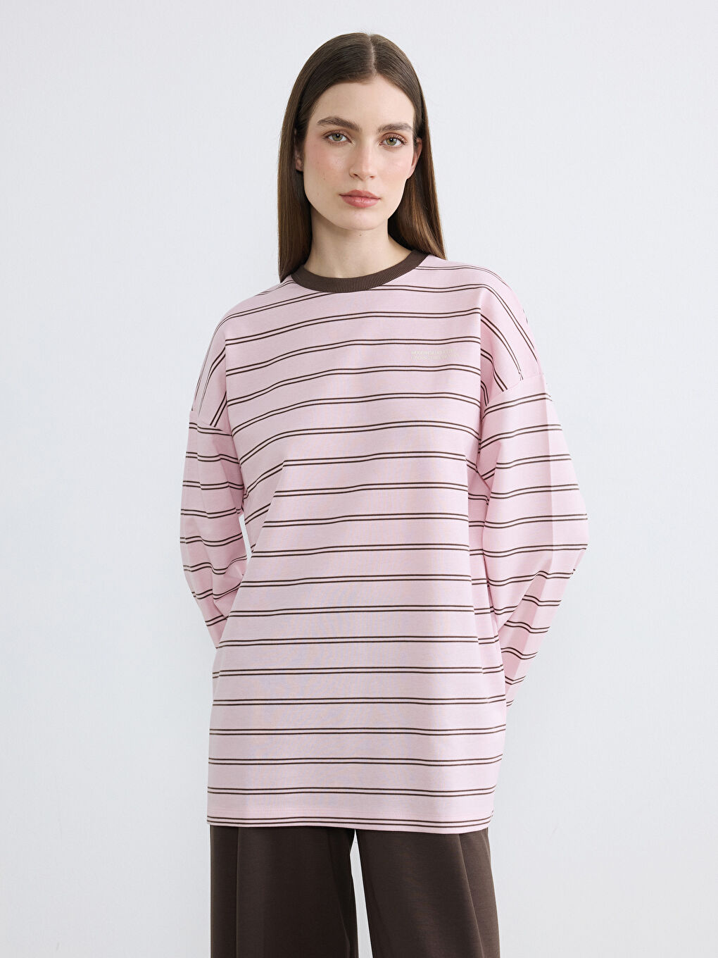 Pembe Bisiklet Yaka Çizgili Kadın Sweatshirt Tunik