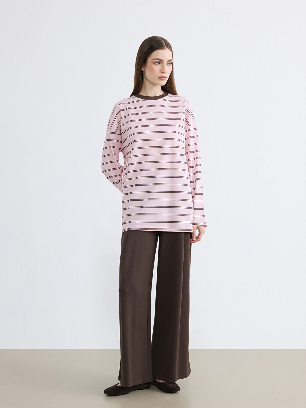 Pembe Bisiklet Yaka Çizgili Kadın Sweatshirt Tunik-1