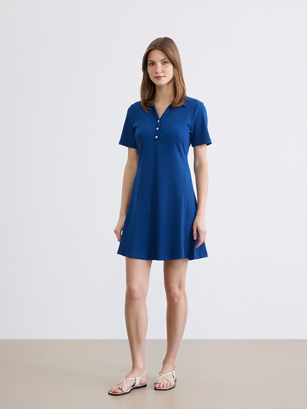 Lacivert Polo Yaka Fitilli Peplum Mini Elbise-1