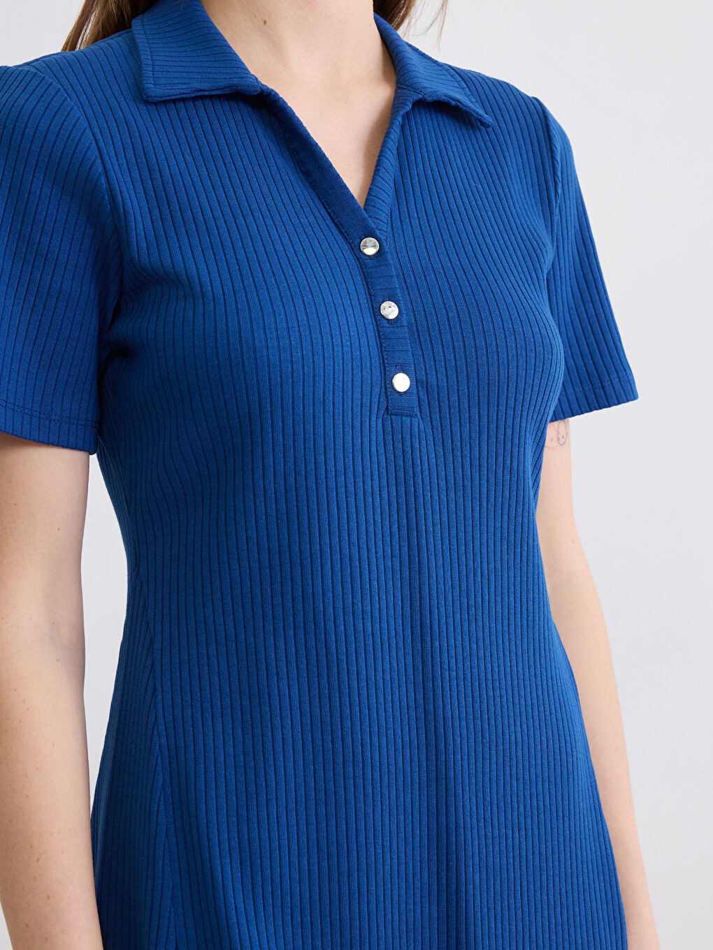 Lacivert Polo Yaka Fitilli Peplum Mini Elbise-2