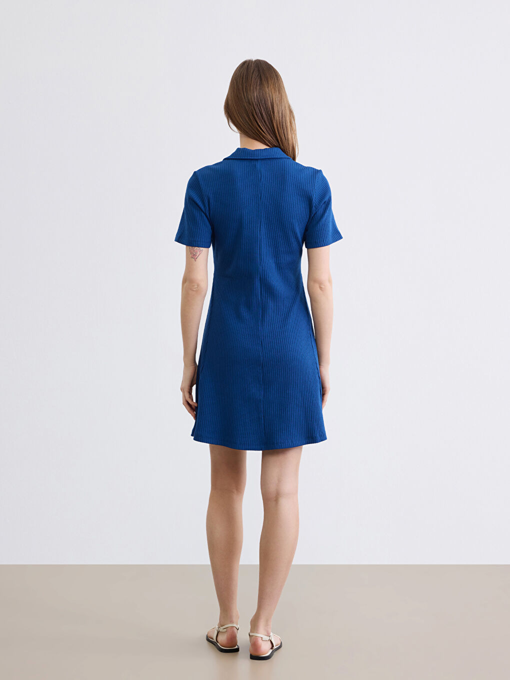 Lacivert Polo Yaka Fitilli Peplum Mini Elbise-3