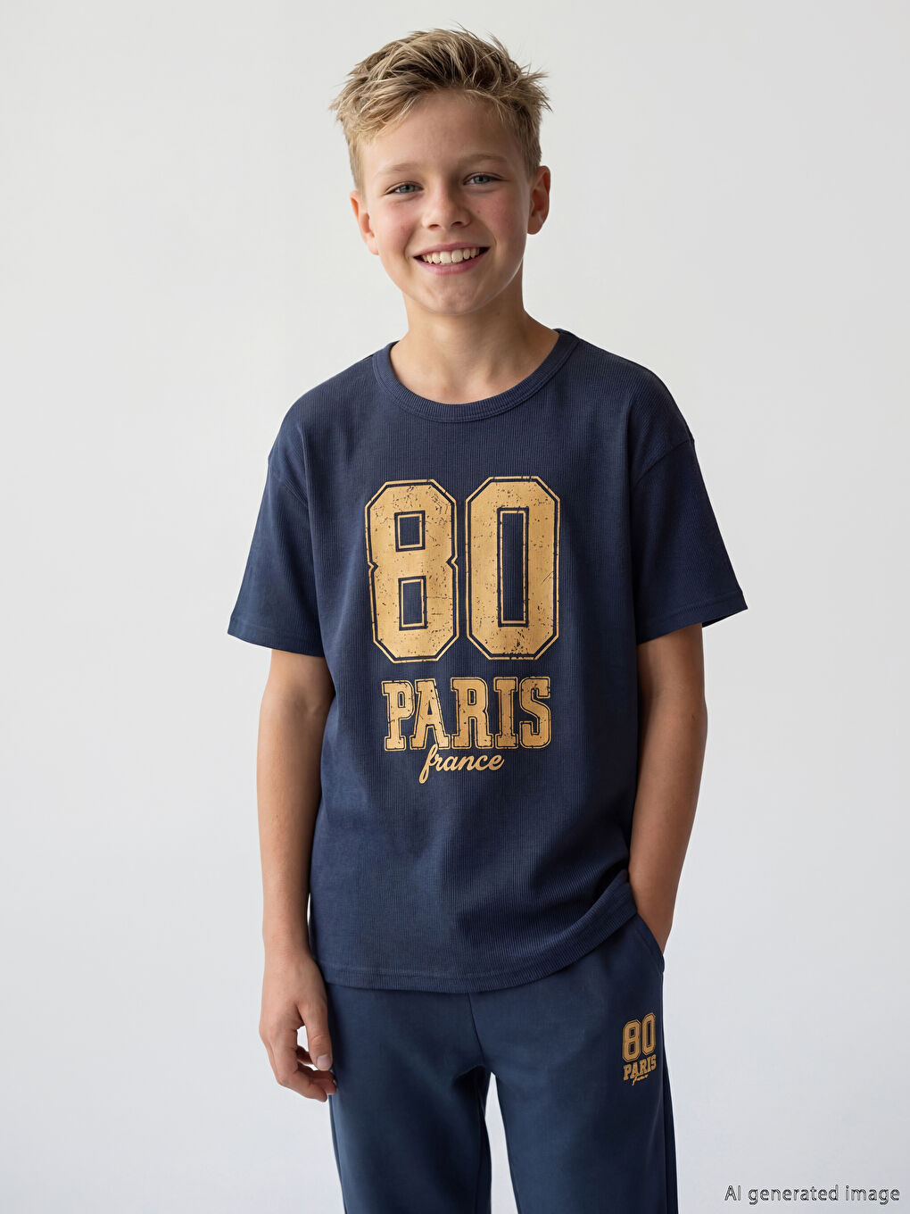 Lacivert Bisiklet Yaka Paris Baskılı Erkek Çocuk Tişört