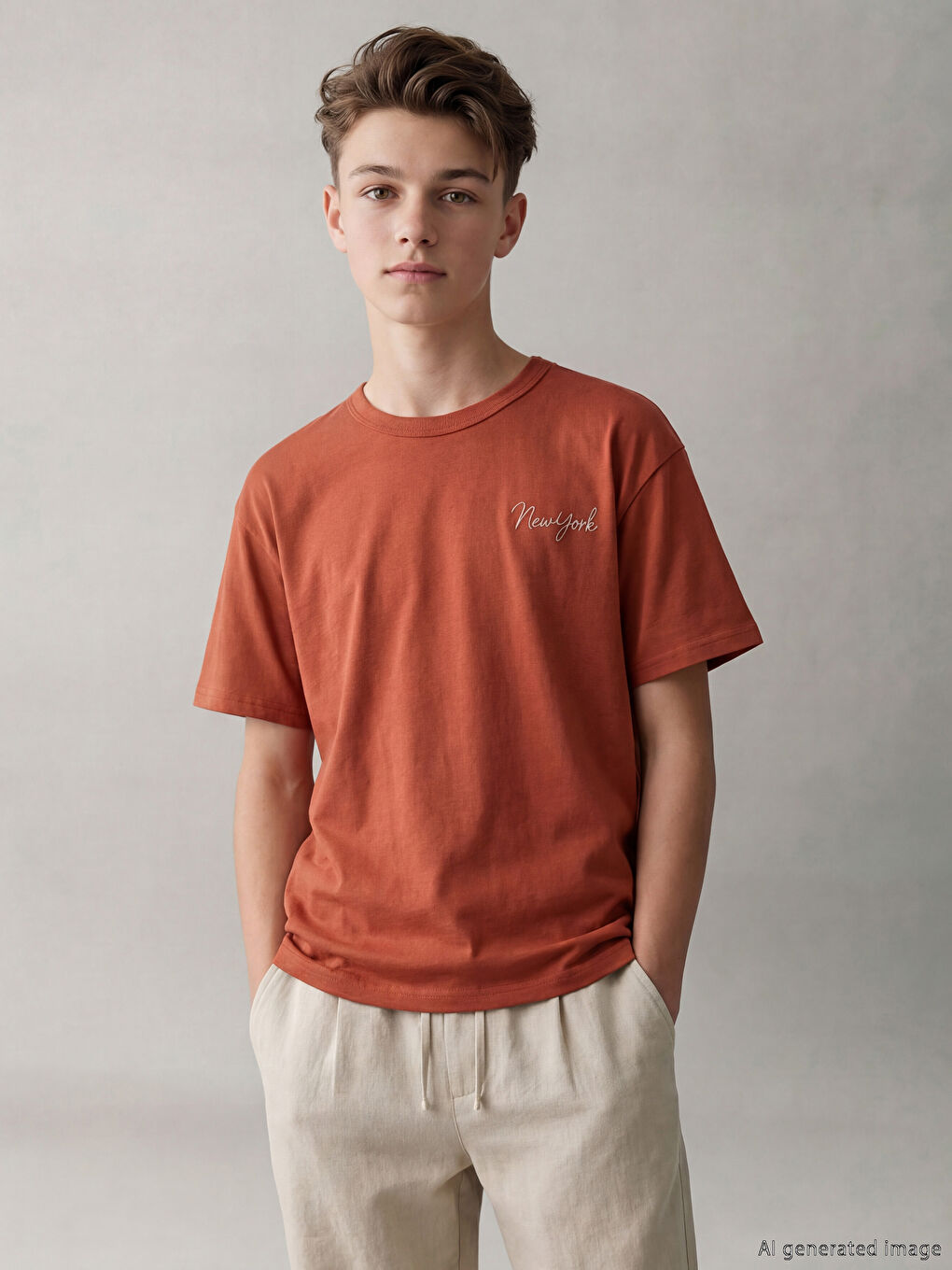Kahverengi New York Baskılı Erkek Çocuk Tişört
