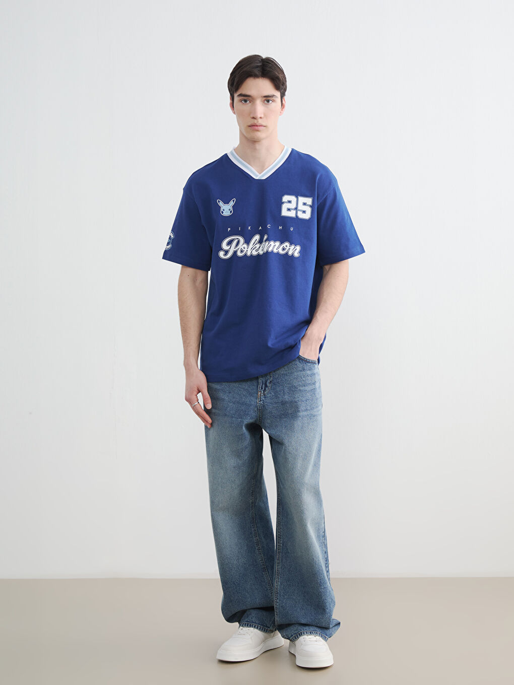 Lacivert Oversize Pokémon Baskılı Erkek Tişört-1