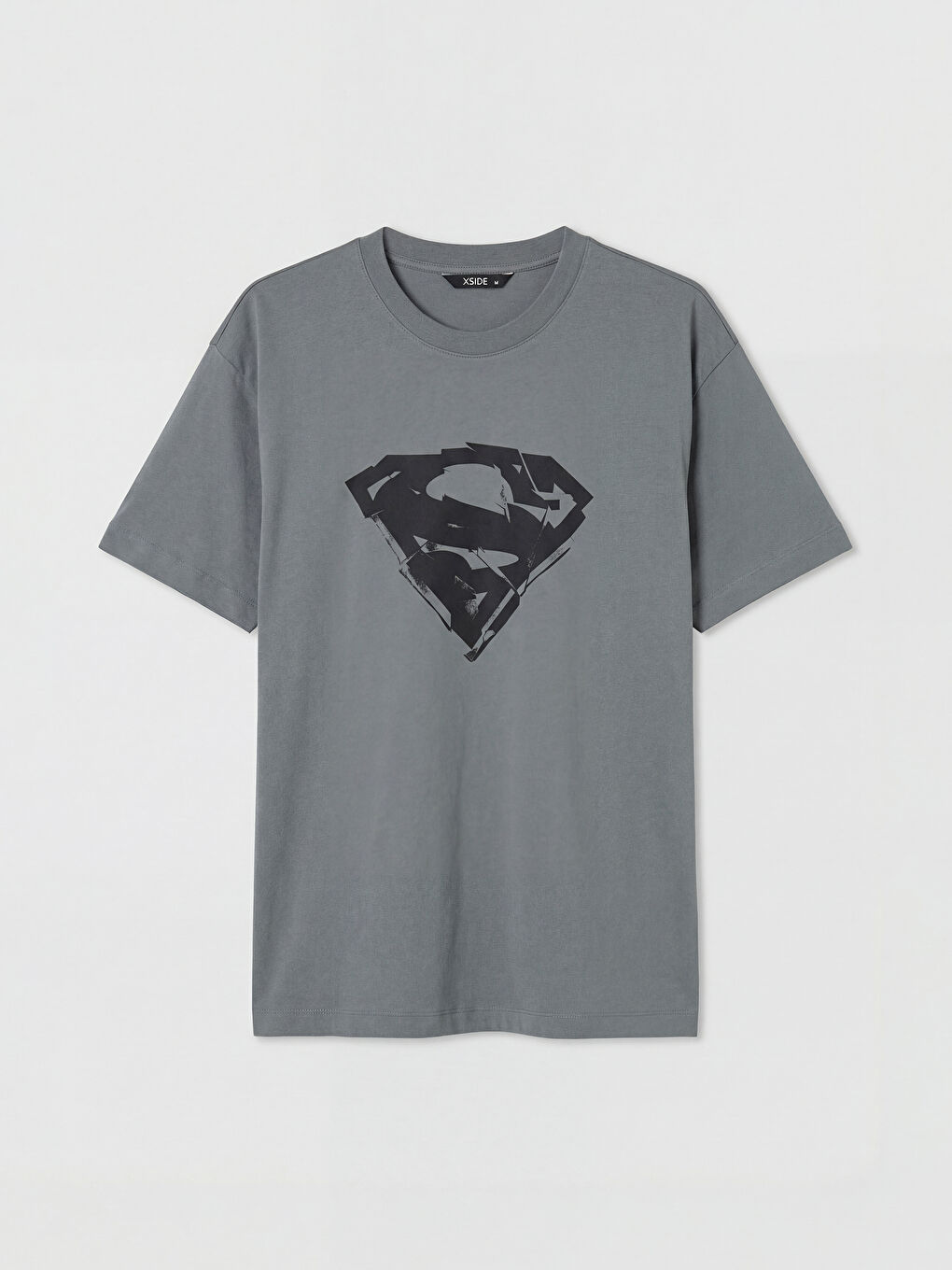 Gri Bisiklet Yaka Superman Baskılı Erkek Tişört