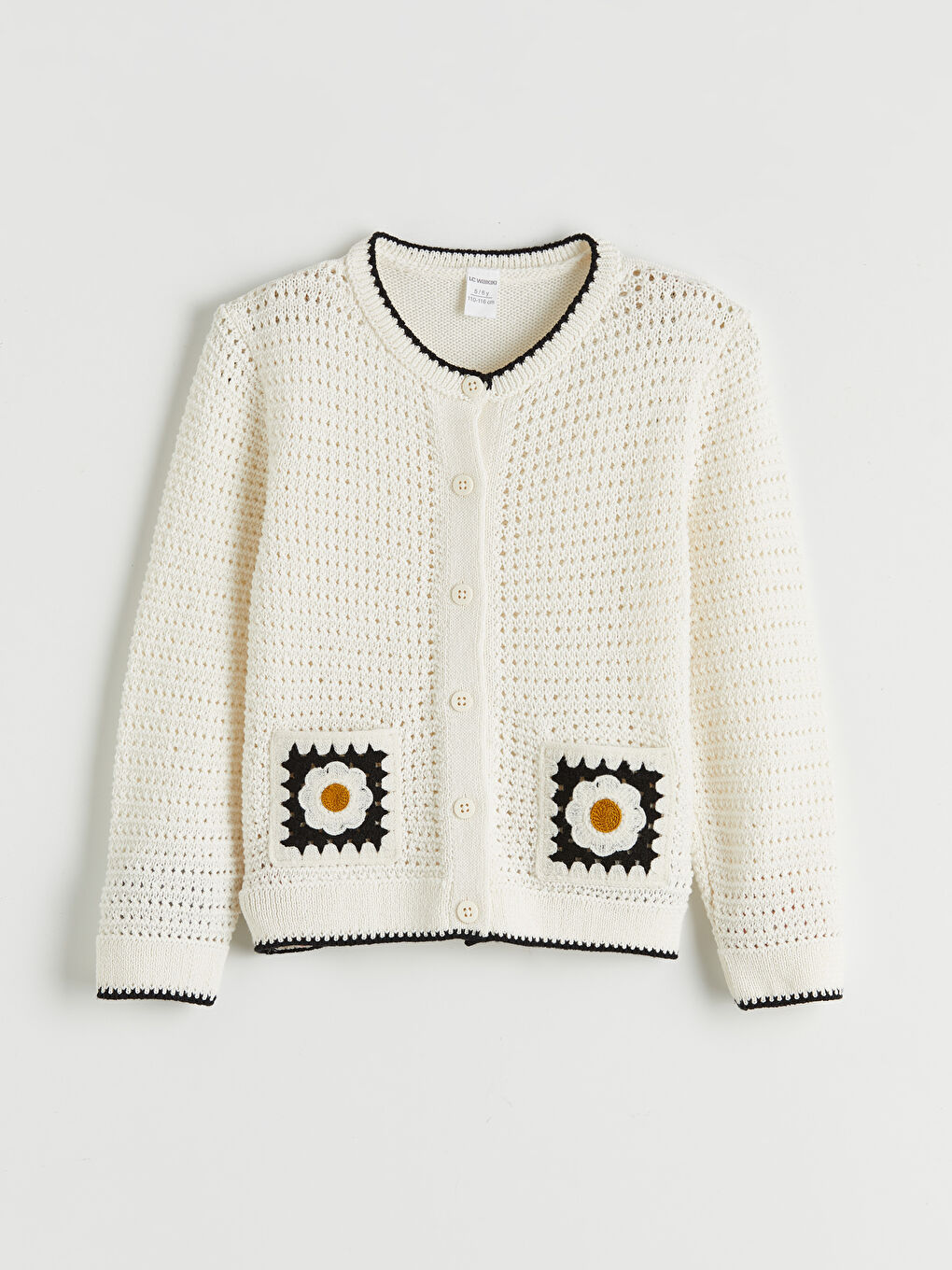 Ekru Bisiklet Yaka Nakışlı Kız Çocuk Triko Hırka