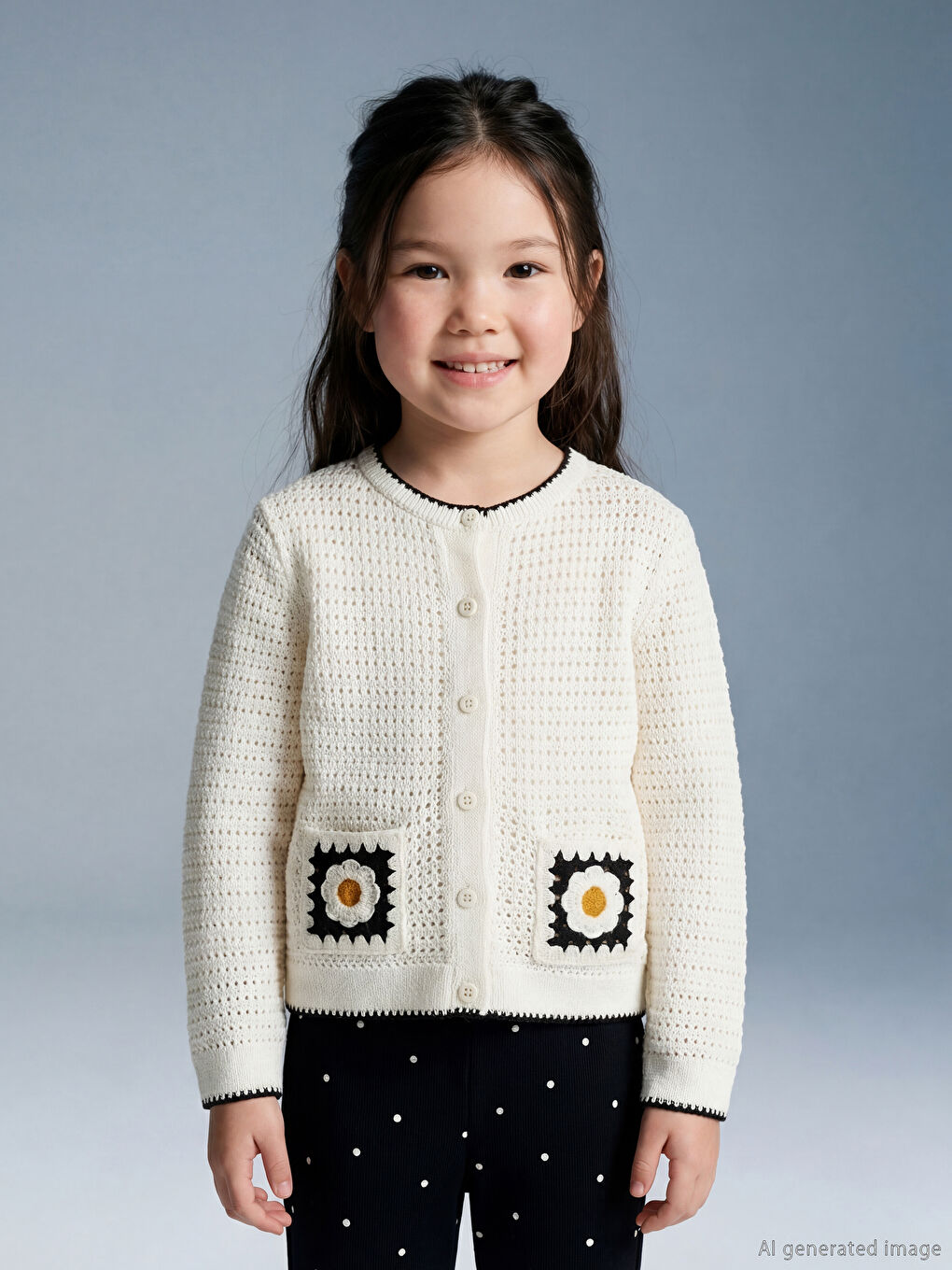 Ekru Bisiklet Yaka Nakışlı Kız Çocuk Triko Hırka