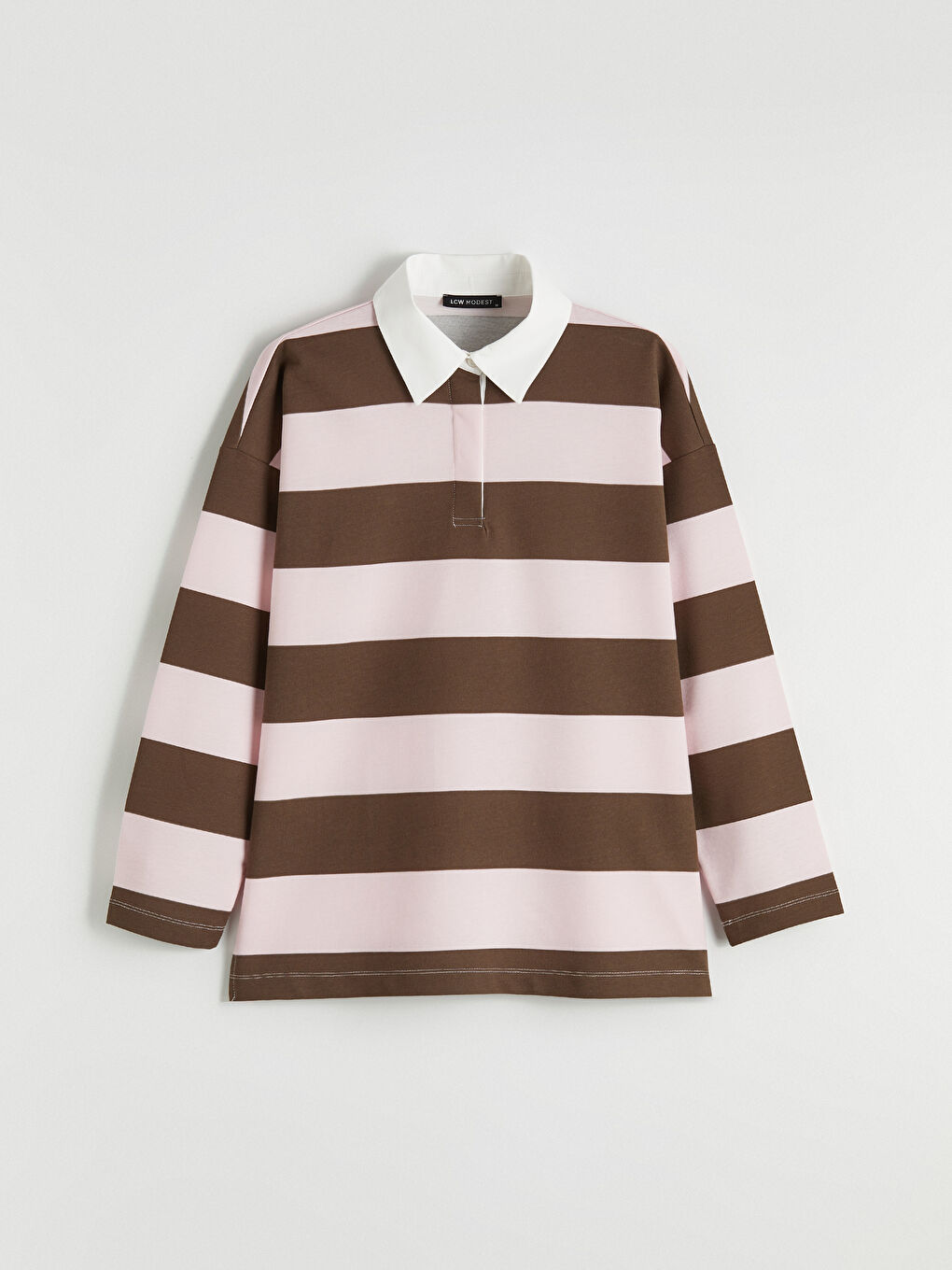 Pembe Polo Yaka Çizgili Oversize Kadın Sweatshirt