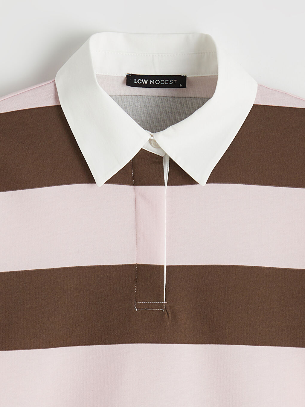 Pembe Polo Yaka Çizgili Oversize Kadın Sweatshirt-1