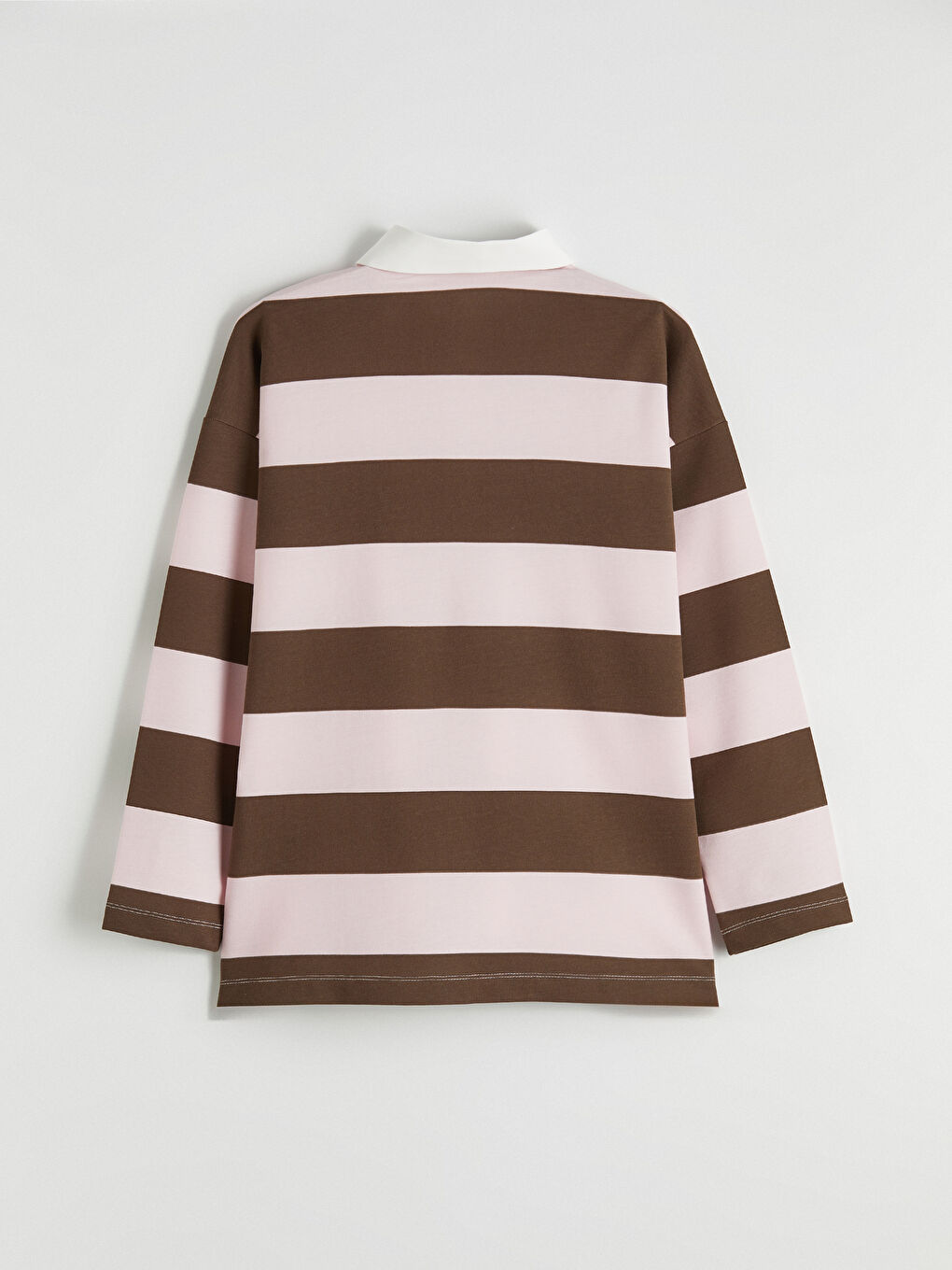 Pembe Polo Yaka Çizgili Oversize Kadın Sweatshirt-3