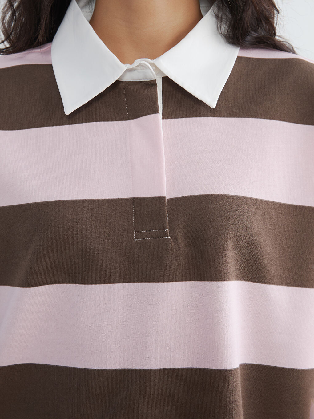 Pembe Polo Yaka Çizgili Oversize Kadın Sweatshirt-2