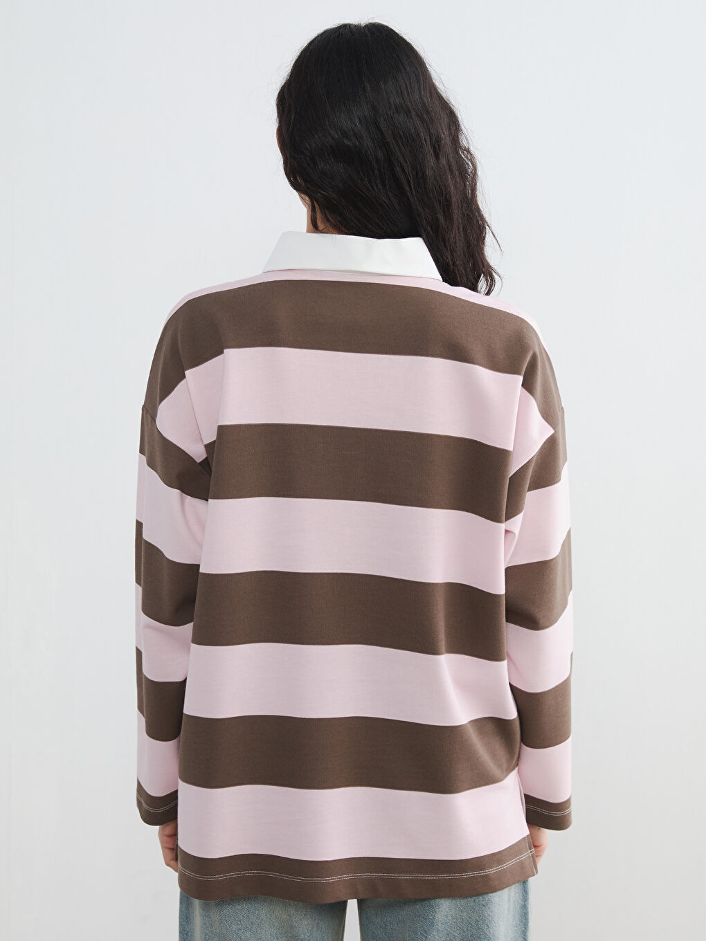 Pembe Polo Yaka Çizgili Oversize Kadın Sweatshirt-3
