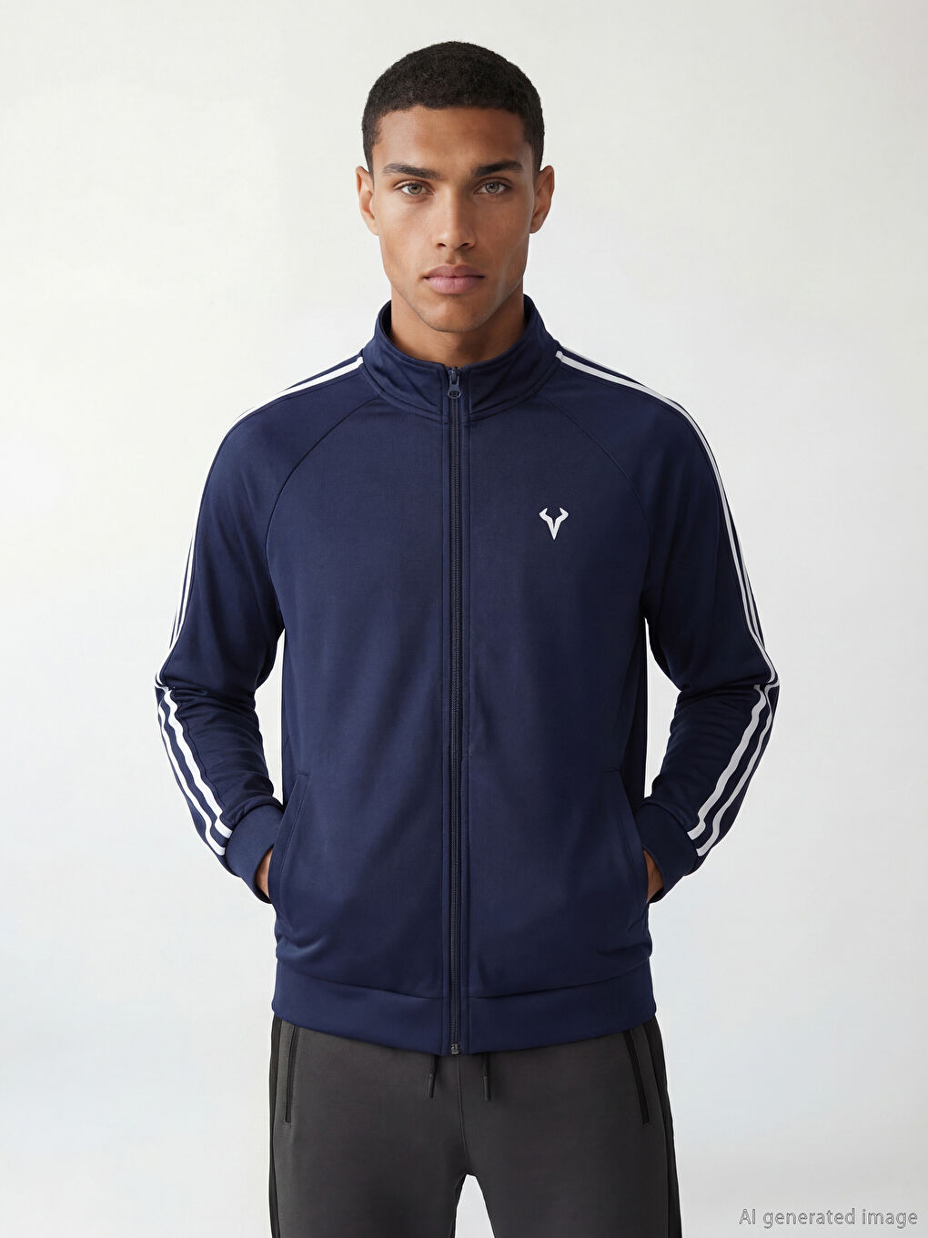 Lacivert Dik Yaka Şeritli Erkek Fermuarlı Sweatshirt