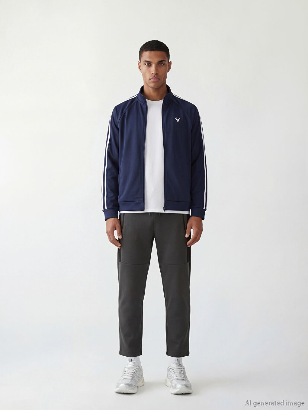 Lacivert Dik Yaka Şeritli Erkek Fermuarlı Sweatshirt-1