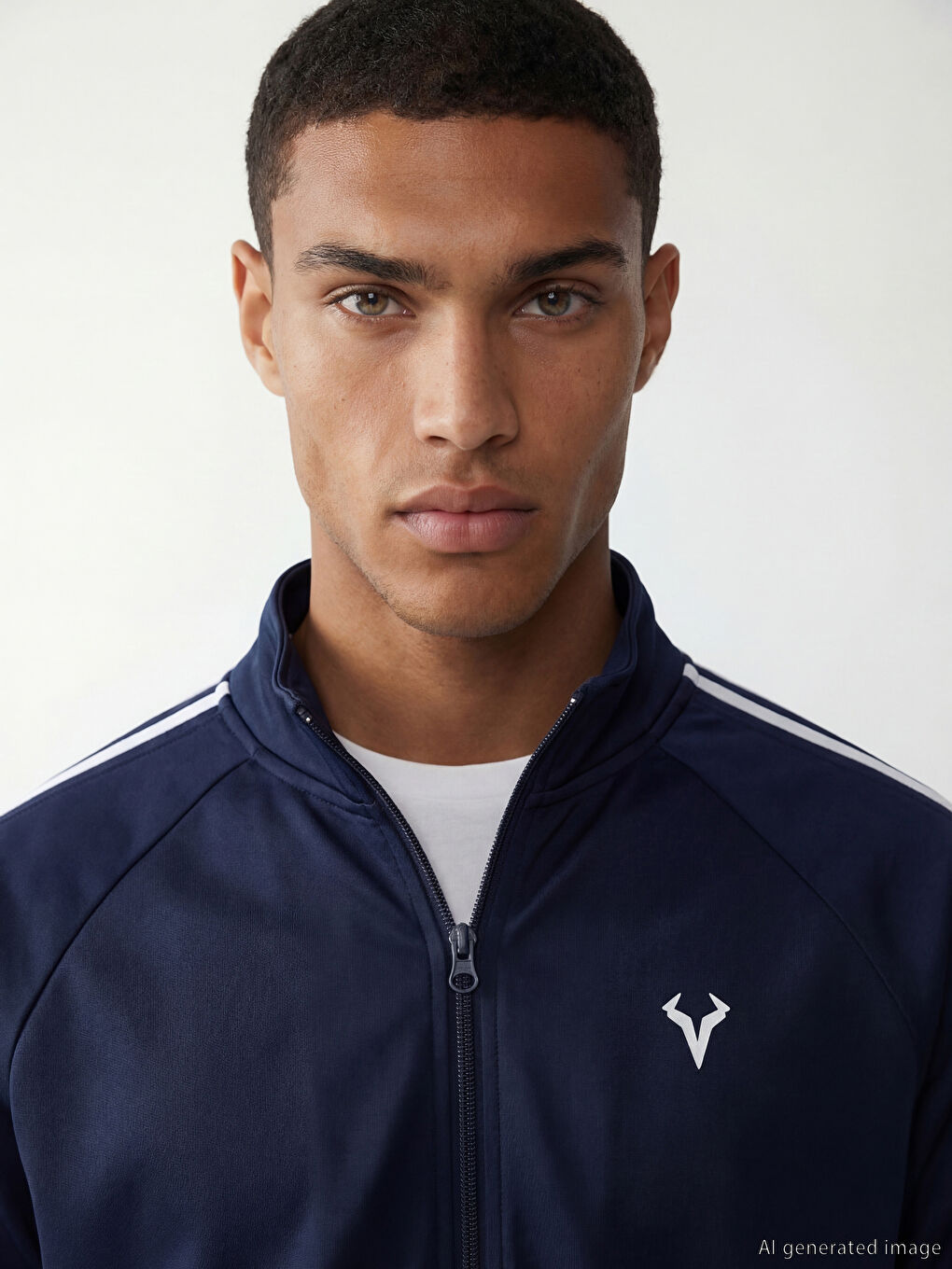 Lacivert Dik Yaka Şeritli Erkek Fermuarlı Sweatshirt-2