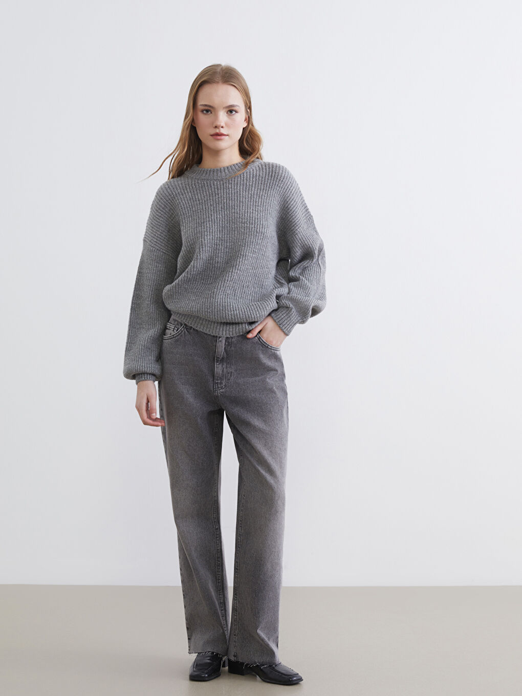 Antrasit Bisiklet Yaka Oversize Kadın Triko Kazak-1