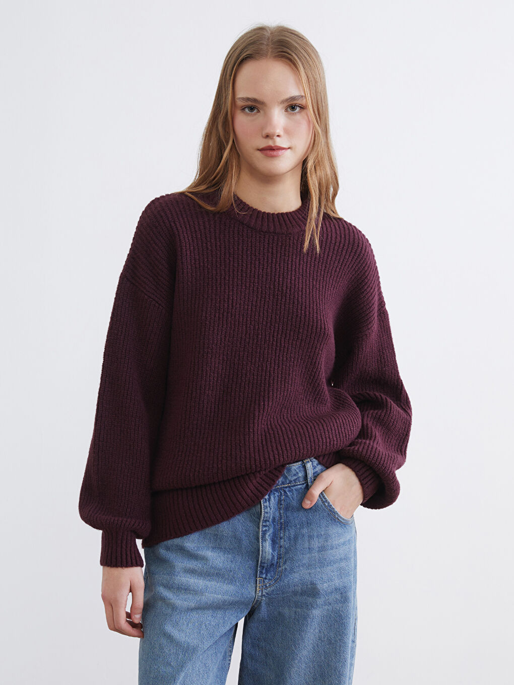 Bordo Bisiklet Yaka Oversize Kadın Triko Kazak