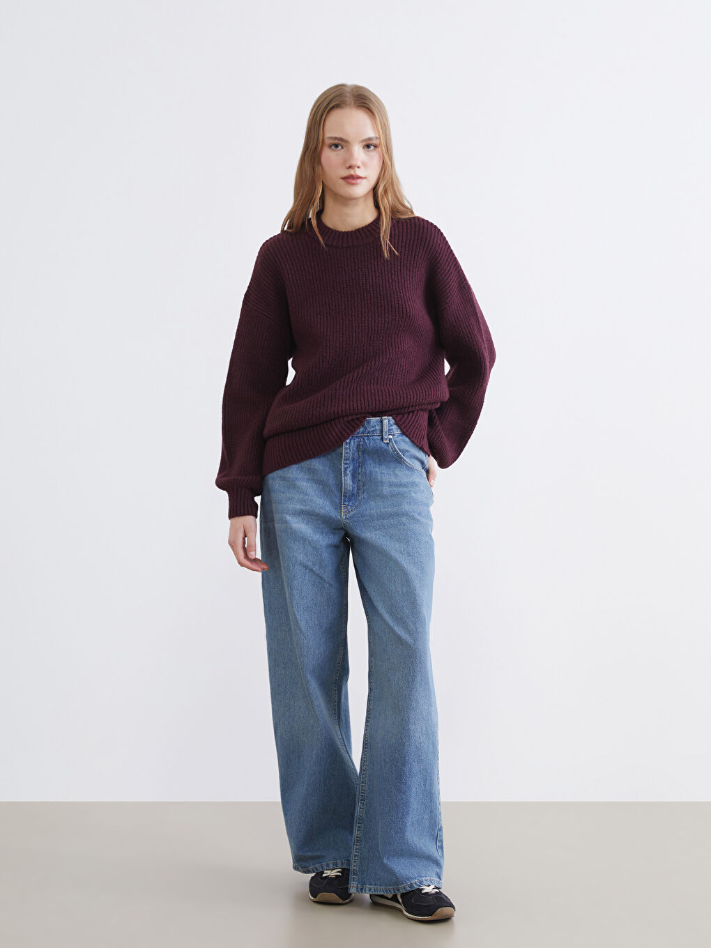 Bordo Bisiklet Yaka Oversize Kadın Triko Kazak-1