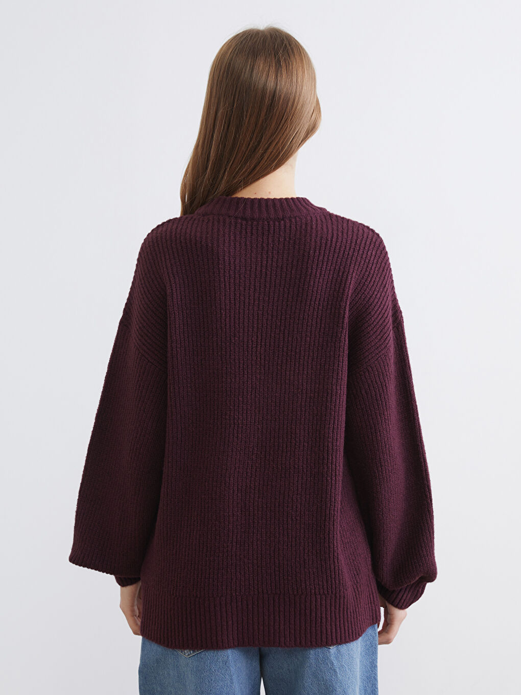 Bordo Bisiklet Yaka Oversize Kadın Triko Kazak-3