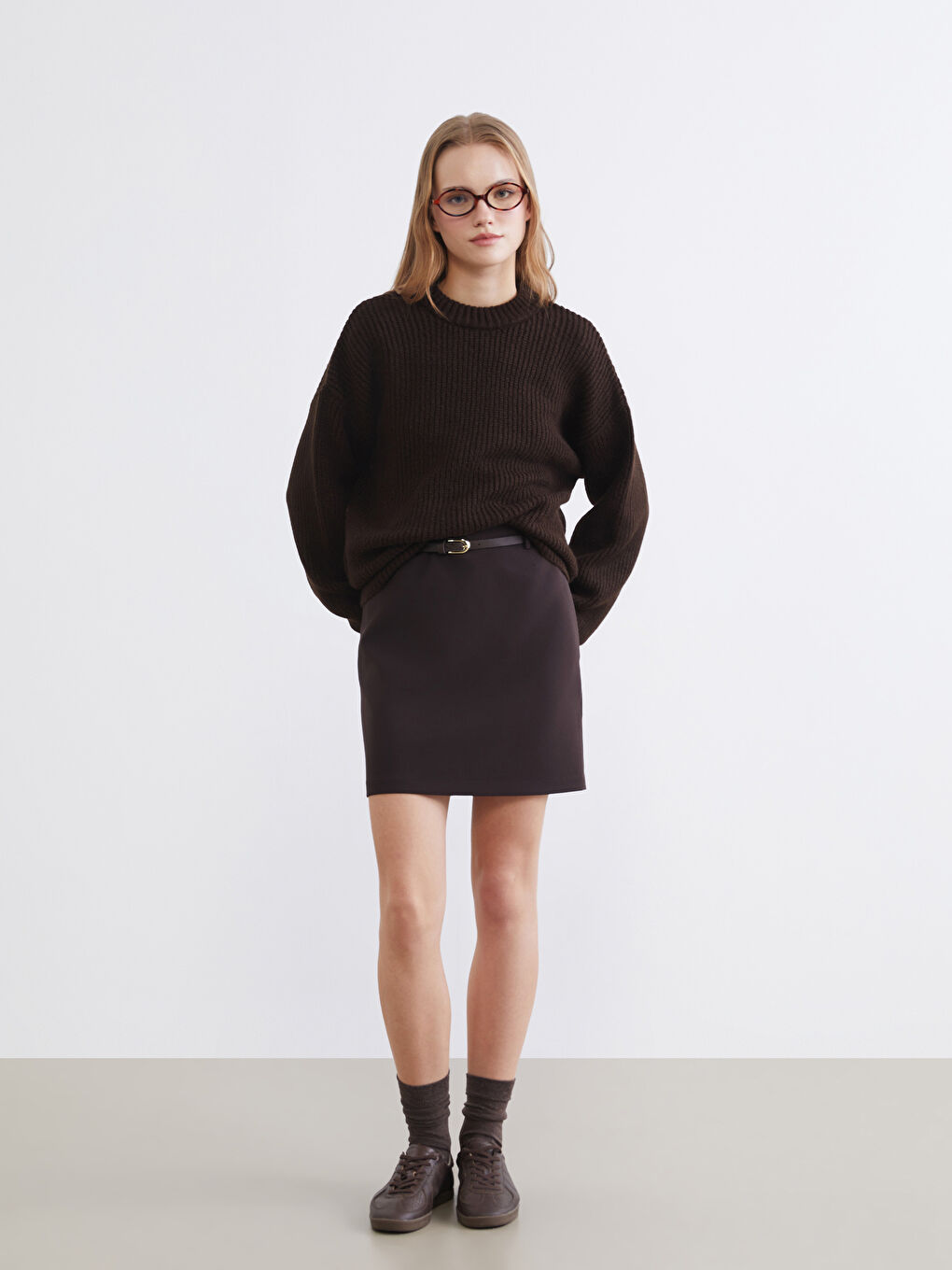 Kahverengi Bisiklet Yaka Oversize Kadın Triko Kazak-1