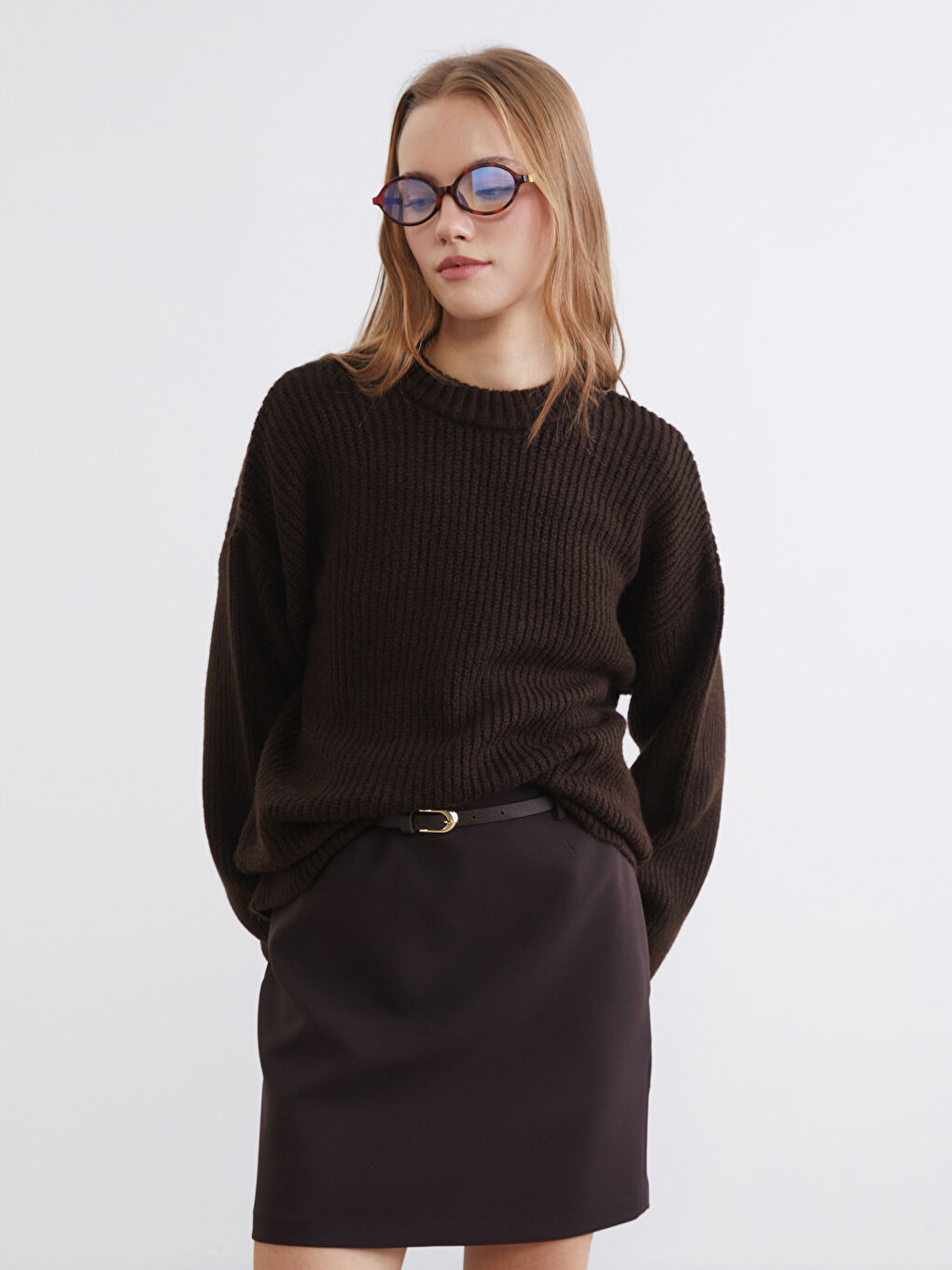 Kahverengi Bisiklet Yaka Oversize Kadın Triko Kazak-2