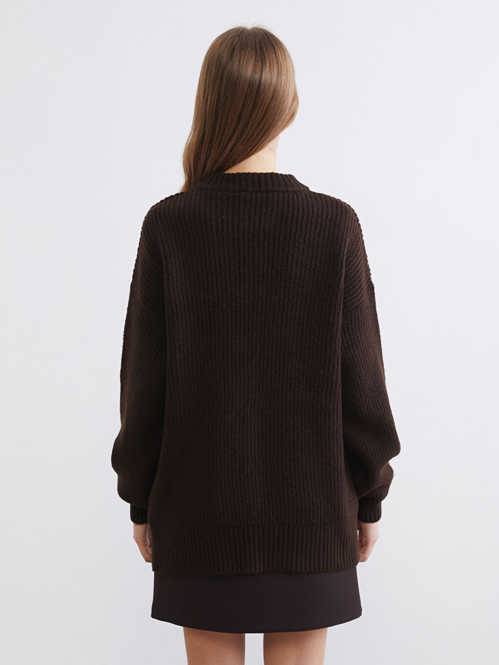 Kahverengi Bisiklet Yaka Oversize Kadın Triko Kazak-3