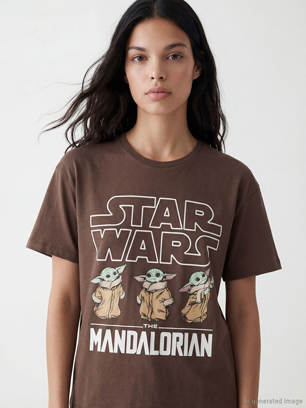 Kahverengi Bisiklet Yaka The Mandalorian Baskılı Kadın Tişört