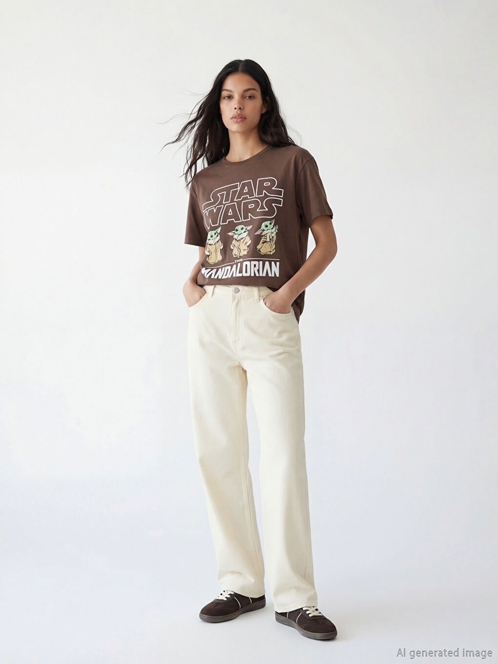 Kahverengi Bisiklet Yaka The Mandalorian Baskılı Kadın Tişört-1