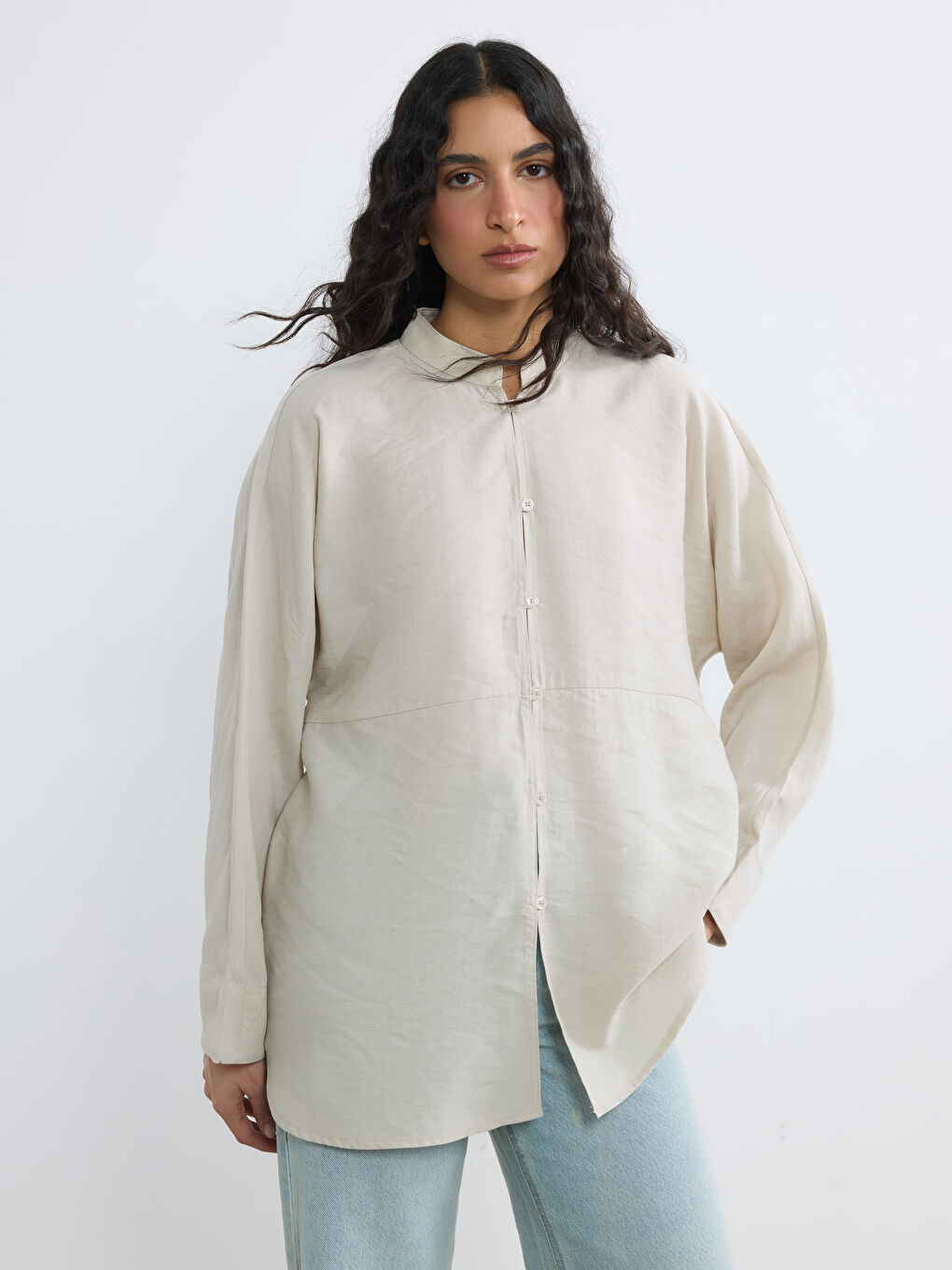 Bej Hakim Yaka Oversize Kadın Gömlek Tunik-3