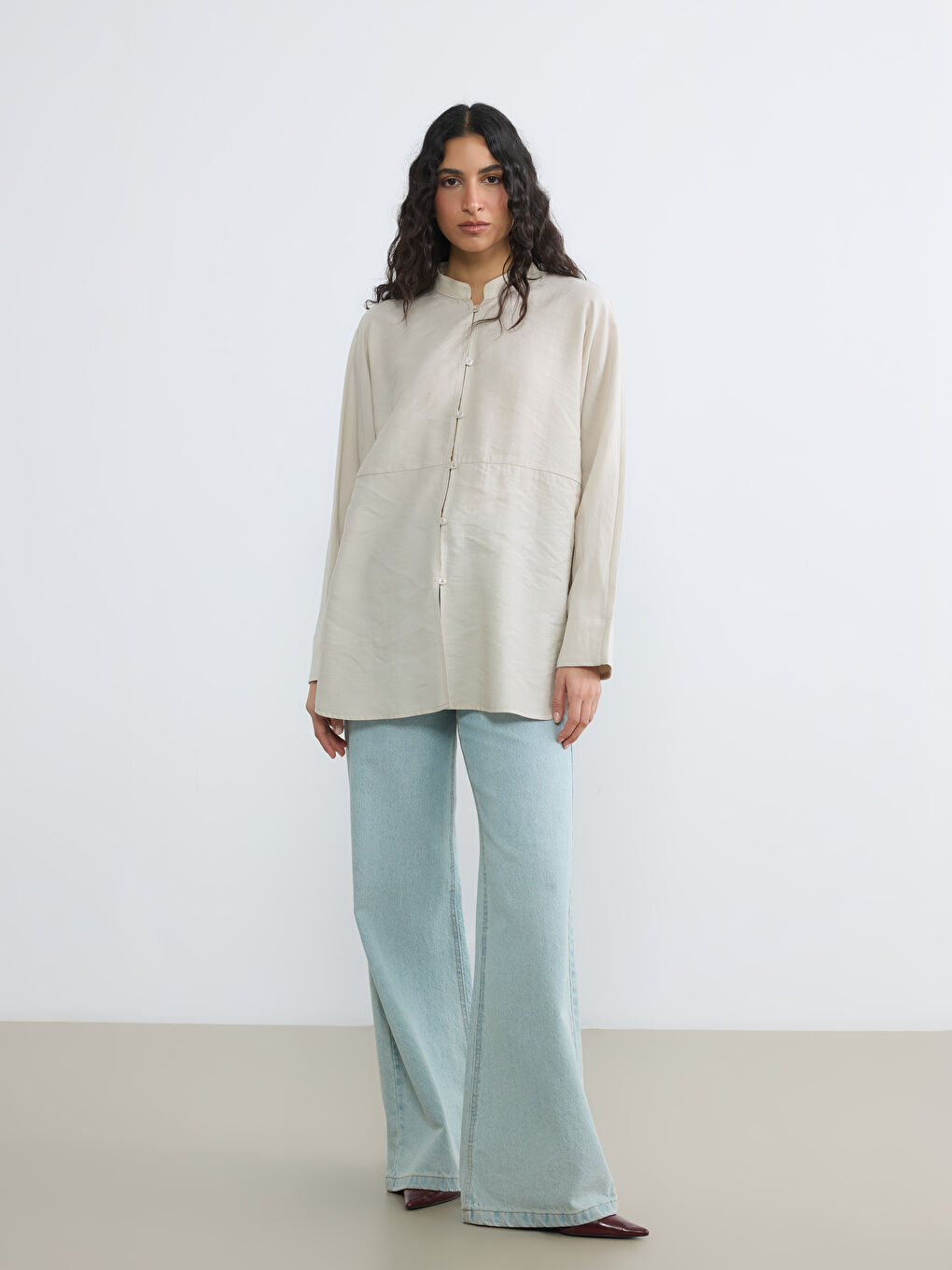 Bej Hakim Yaka Oversize Kadın Gömlek Tunik-4