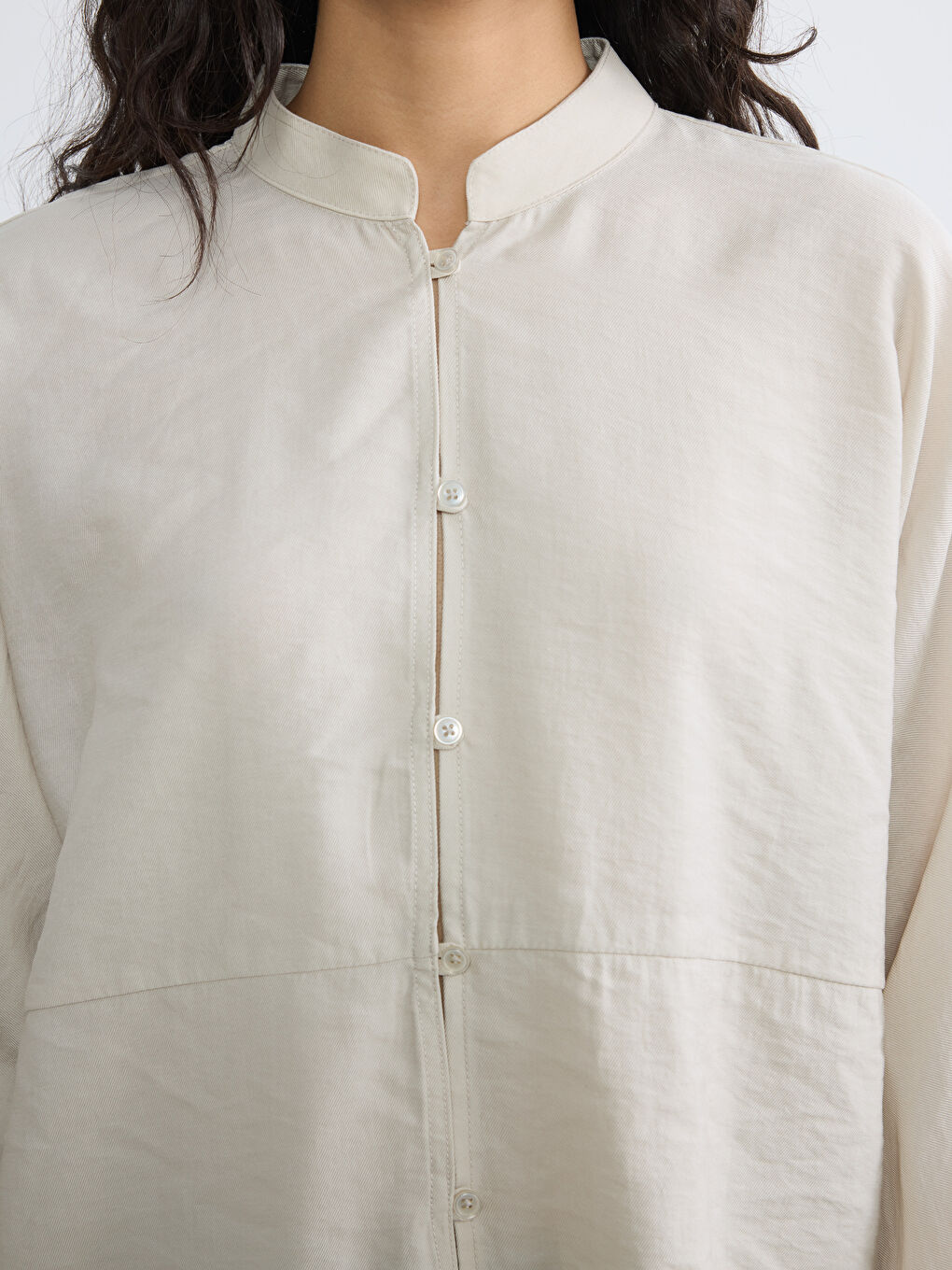 Bej Hakim Yaka Oversize Kadın Gömlek Tunik-5