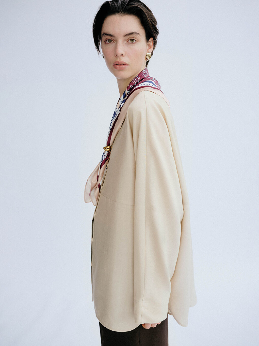 Bej Hakim Yaka Oversize Kadın Gömlek Tunik-1