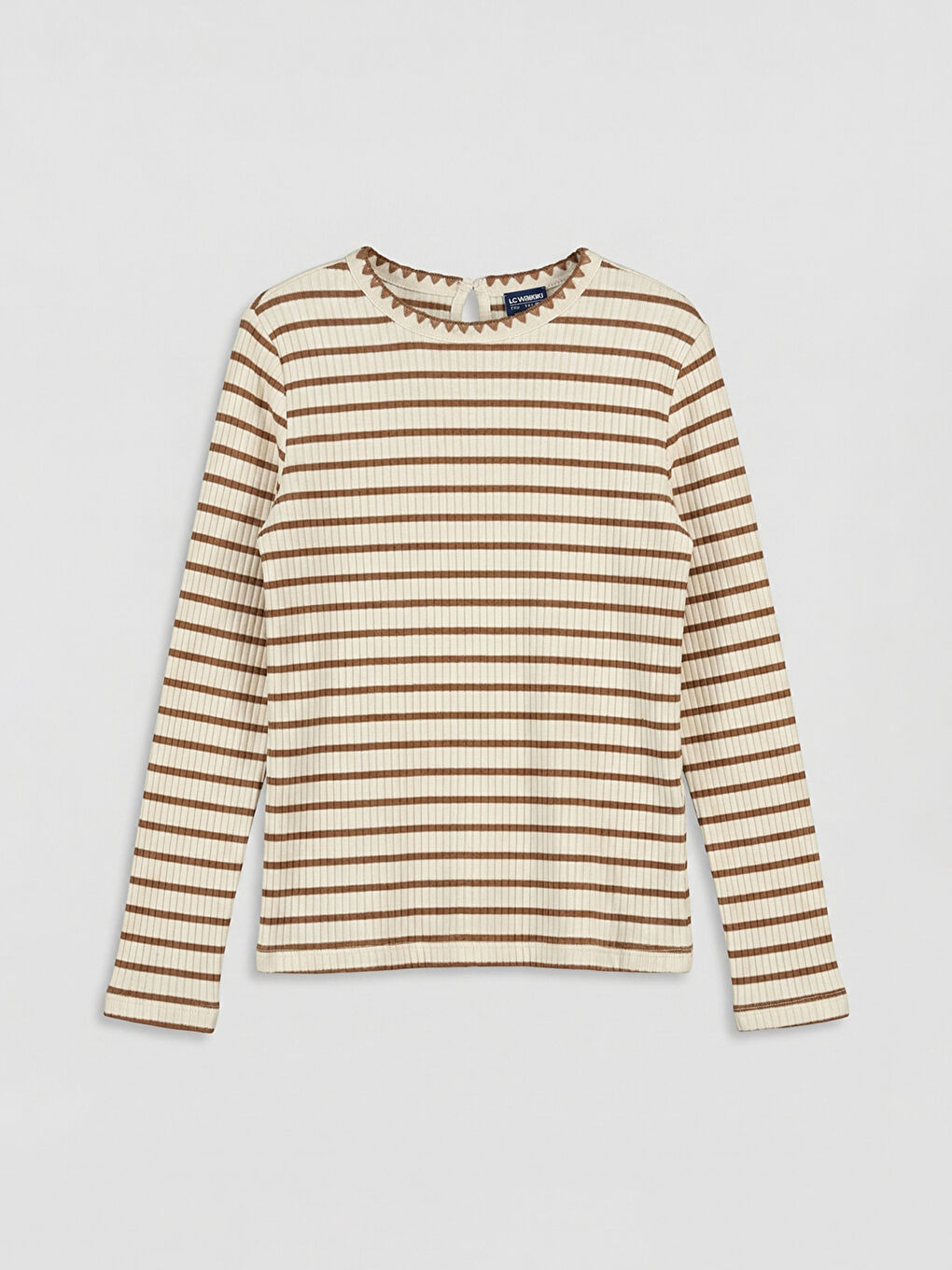 Bej Bisiklet Yaka Çizgili Kız Çocuk Tişört