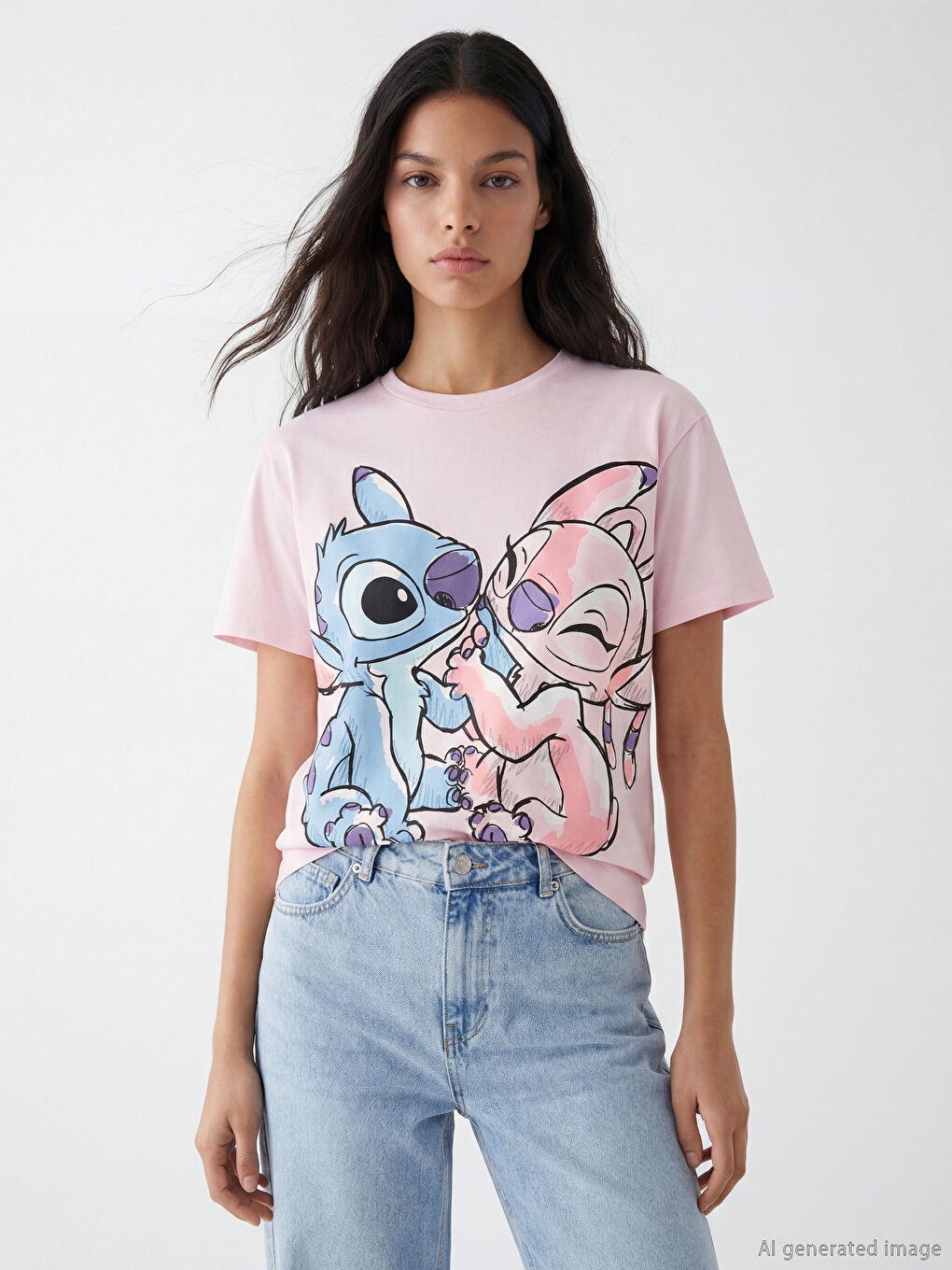 Pembe Bisiklet Yaka Stitch ve Angel Baskılı Kadın Tişört