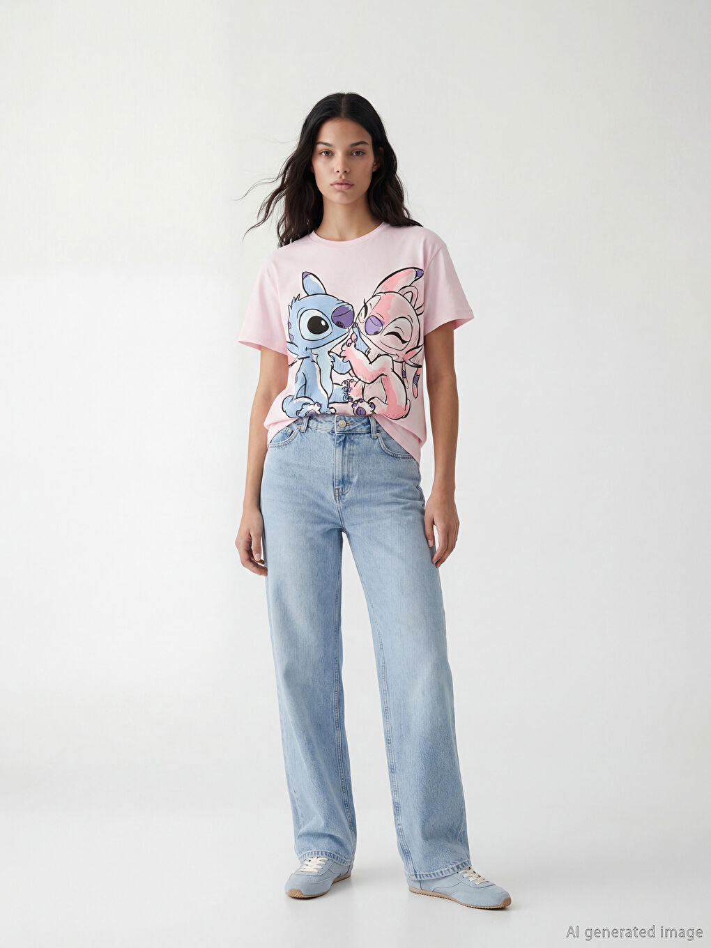 Pembe Bisiklet Yaka Stitch ve Angel Baskılı Kadın Tişört-1