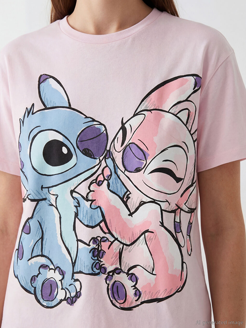 Pembe Bisiklet Yaka Stitch ve Angel Baskılı Kadın Tişört-2