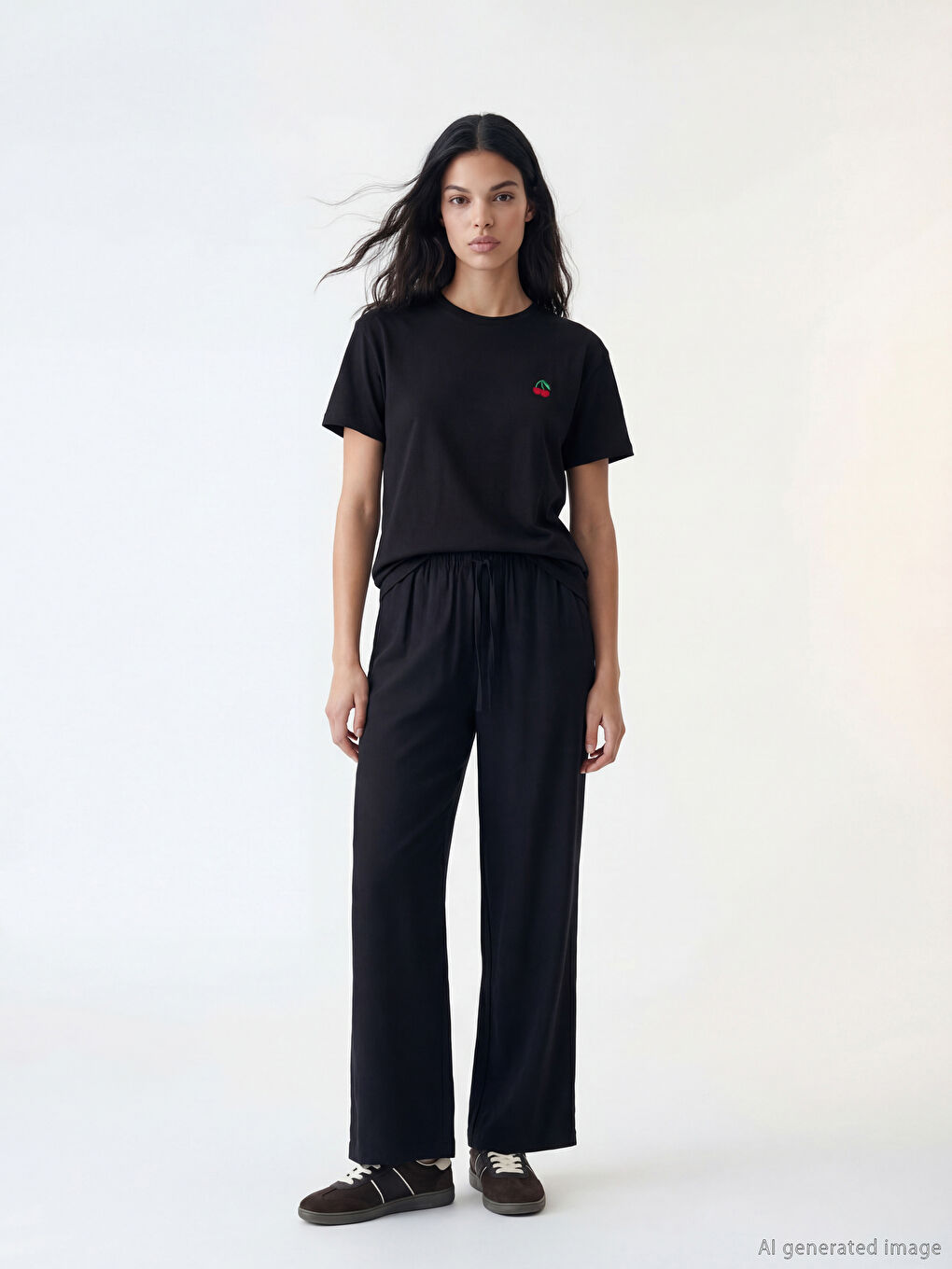 Siyah Bisiklet Yaka Kiraz Nakışlı Kadın Tişört-1