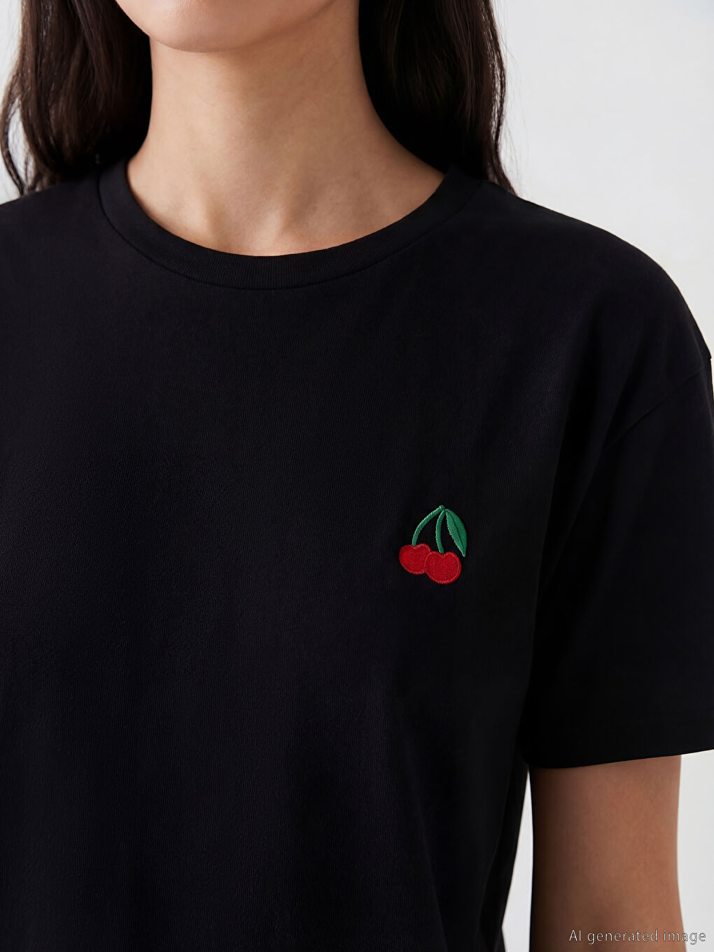 Siyah Bisiklet Yaka Kiraz Nakışlı Kadın Tişört-2