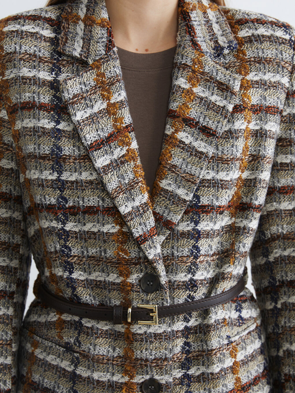 Bej Ekose Kemerli Kadın Tüvit Blazer Ceket-2